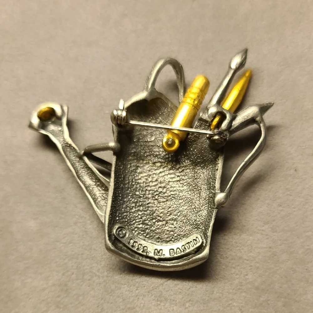 Silver and Gold Watering Can Brooch Pin - Picture 4 of 4